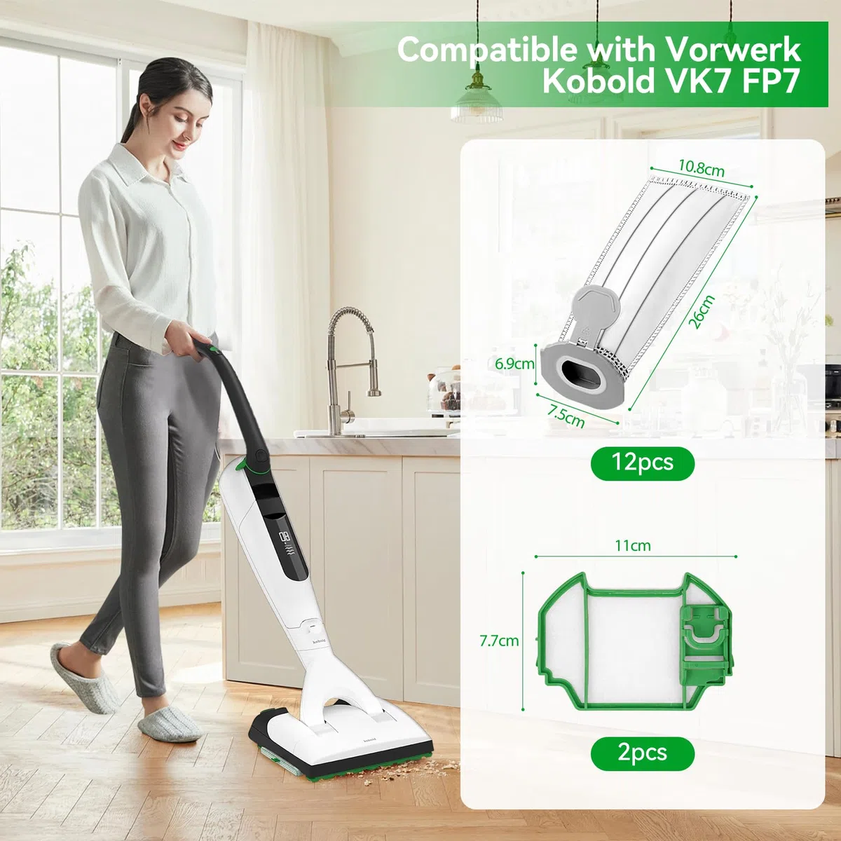 12 Piezas Bolsas para Aspiradora compatible con Vorwerk Kobold VK7 FP7, Bolsas de Filtro con 2 Filtros de Motor, Bolsas de Repuesto compatible con Aspiradoras Vorwerk Kobold VK7