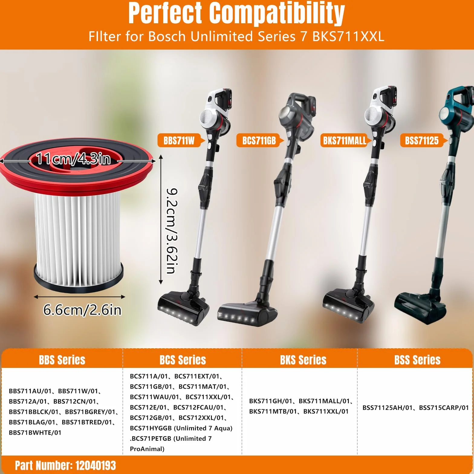 Chuancheng Paquete de 4 filtros 12040193 para aspiradora inalámbrica Bosch Unlimited Serie 7 BKS711XXL BBS711W BBS712A BCS711GB BKS711MALL, pieza de repuesto de filtro HEPA lavable