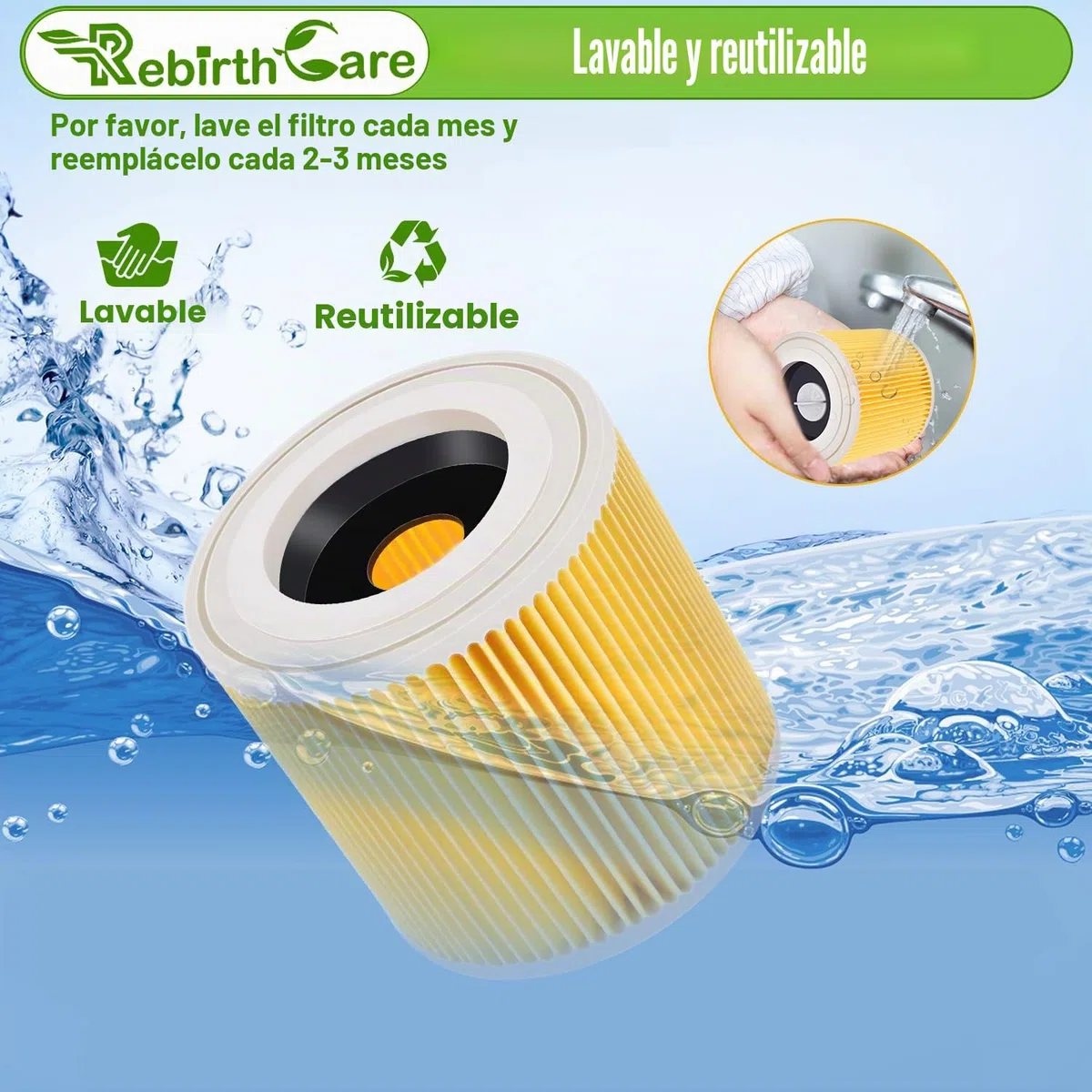 Rebirthcare WD3 filtro para Kärcher WD3 Premium WD2 WD3 WD3P WD1 MV2 MV3 A2604 A2004 A2204 A2054 SE4001 SE4002 cartucho filtro recambio aspiradora para karcher 6.414-552.0/64145520 (HT-2p)