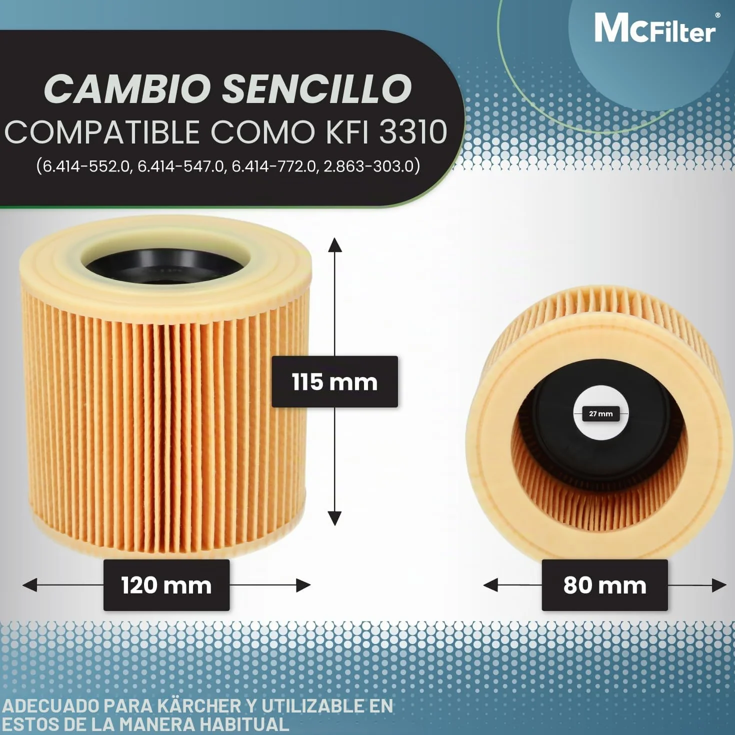 Filtro aspiradora Karcher WD3 WD2, 3 filtros cartucho compatibles con Kärcher, repuesto KFI 3310 para seco húmedo SE 4001 SE 4002 MV2 MV3, sustituye 6.414-552.0 6.414-772.0 - McFilter 3 uds