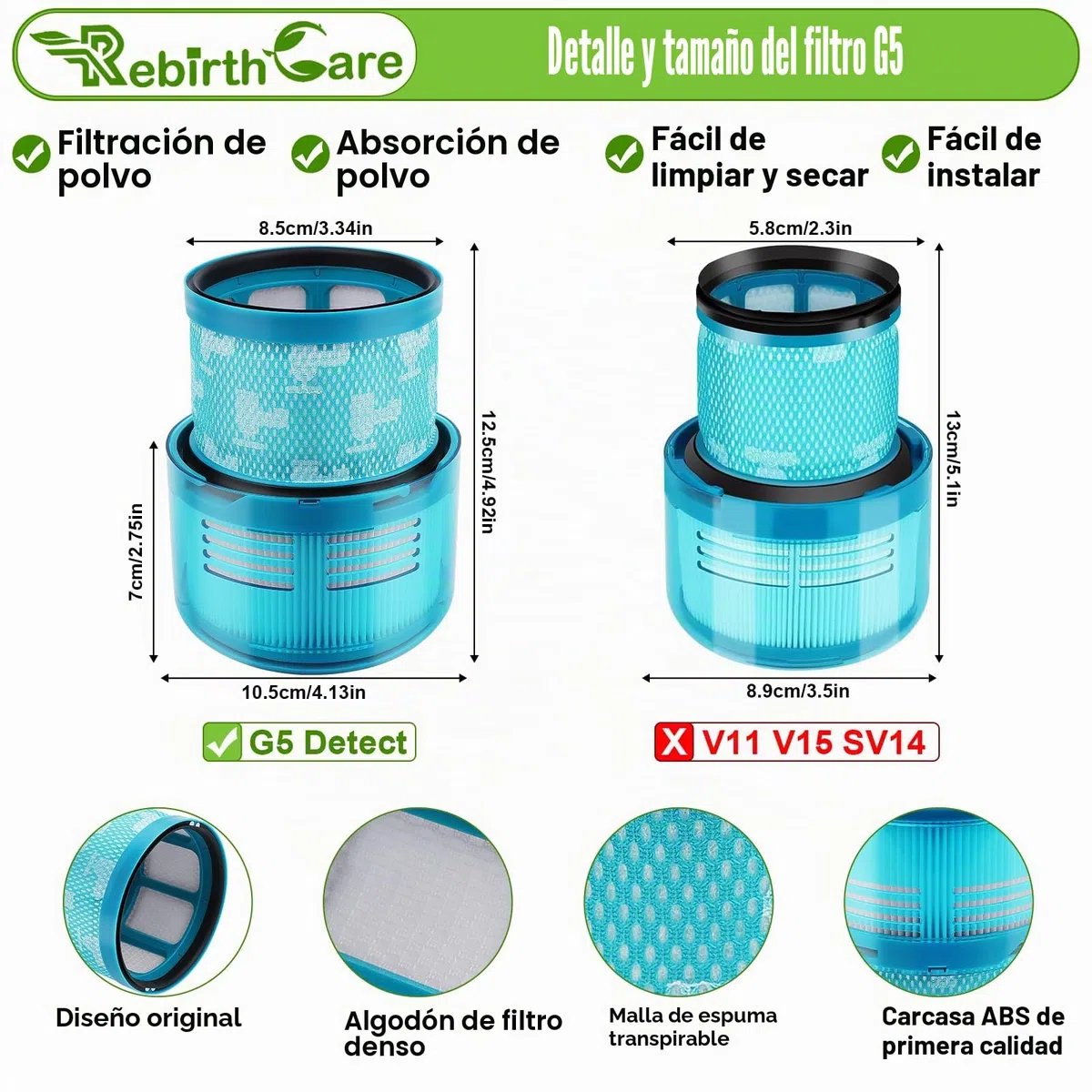 Filtro Gen5 Detect para Dyson GEN5 Detect Absolute Aspiradora a Batería Filtro de repuesto compatible con dyson gen5, nº de pieza 972352-01