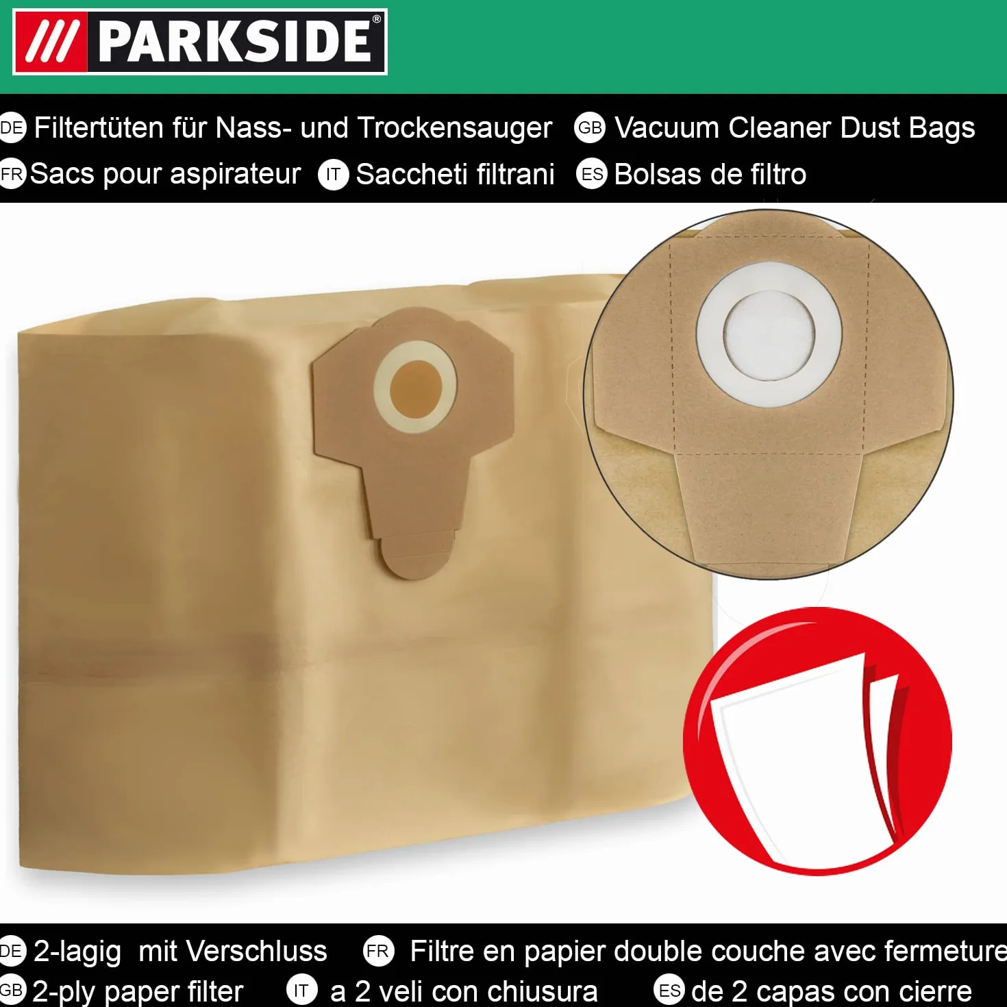10 bolsas originales Parkside Lidl para aspiradoras en seco y húmedo PWD 25, 30, PNTS 23, 30, 1400, 1500 A1, A2, B1, C1, D1, B2, B3, E2, C4, D5, F2, H4