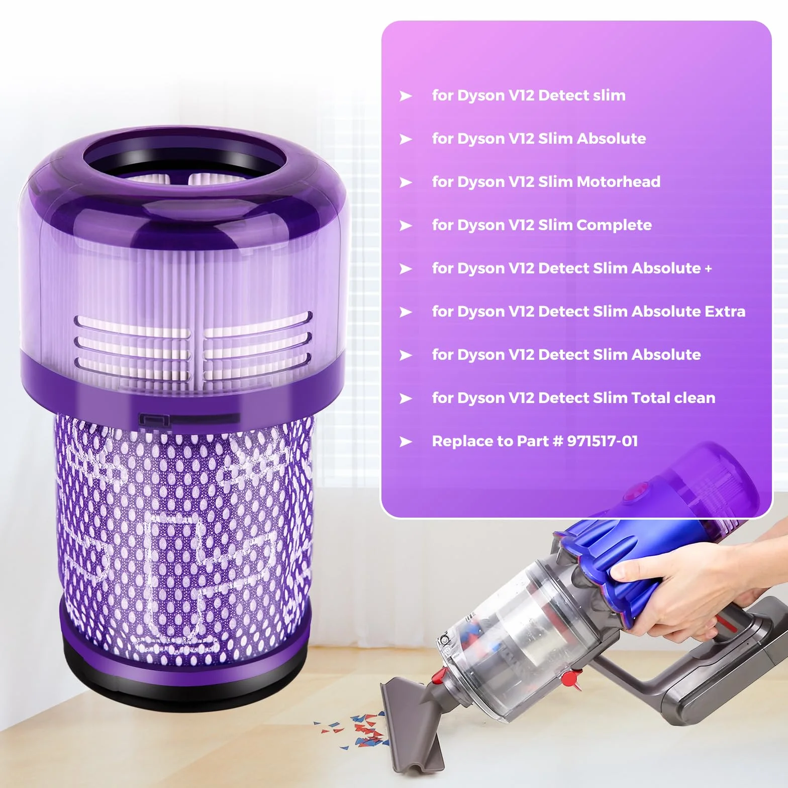 Filtro para Dyson V12, 2 Piezas Filtro para Dyson V12 Detect Slim Absolute Extra Total Clean Motorhead Complete Clean Aspiradora, Replacement Part # 971517-01