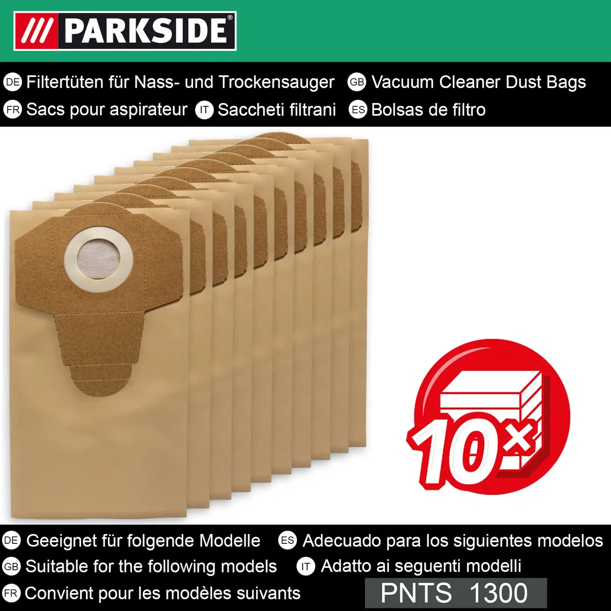 10 bolsas originales Parkside Lidl para aspiradoras en seco y húmedo PNTS 1250, 1250/9, PNTS 1300 A1, B2, C3, D3, E4, F5, PWD 12 A1, PAS 500 D3