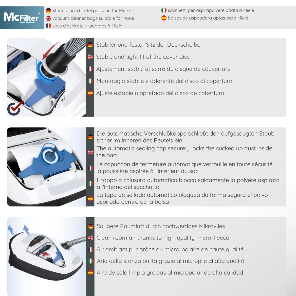 McFilter | 10 bolsas de aspiradora adecuadas para aspiradoras Miele Gn | Complete C3 Cat & Dog PowerLine | como miele 9917730 | con filtros | Bolsas de filtro de vellón | 5 capas