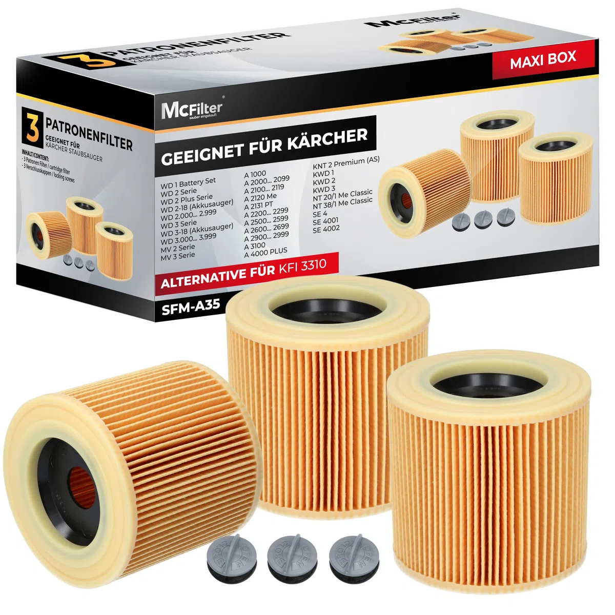 Filtro aspiradora Karcher WD3 WD2, 3 filtros cartucho compatibles con Kärcher, repuesto KFI 3310 para seco húmedo SE 4001 SE 4002 MV2 MV3, sustituye 6.414-552.0 6.414-772.0 - McFilter 3 uds