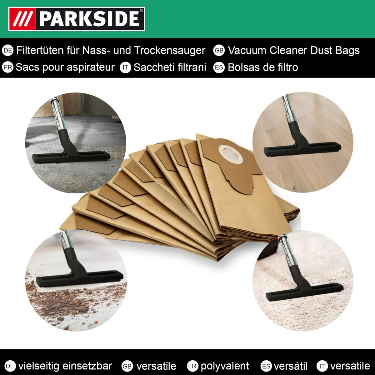 10 bolsas originales Parkside Lidl para aspiradoras en seco y húmedo PNTS 1250, 1250/9, PNTS 1300 A1, B2, C3, D3, E4, F5, PWD 12 A1, PAS 500 D3
