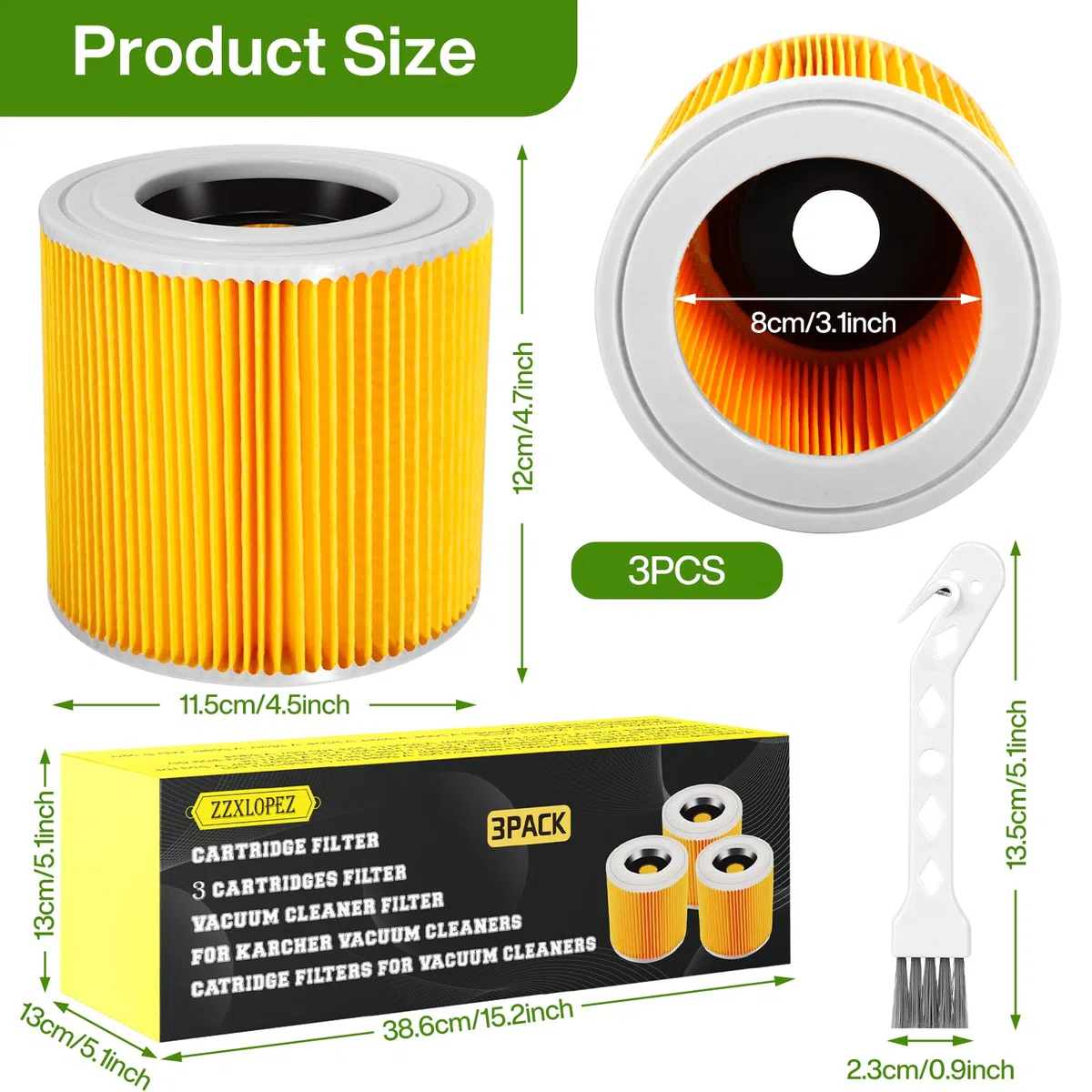 Filtros para Aspiradoras, 3x Filtros de Cartucho Kärcher [WD3, WD2, WD1, MV3, MV2, A, K, KNT, NT, SE, VC], Filtro Cartucho Lavables y Reutilizables Sustituido 6.414-552.0 -547.0-772.0