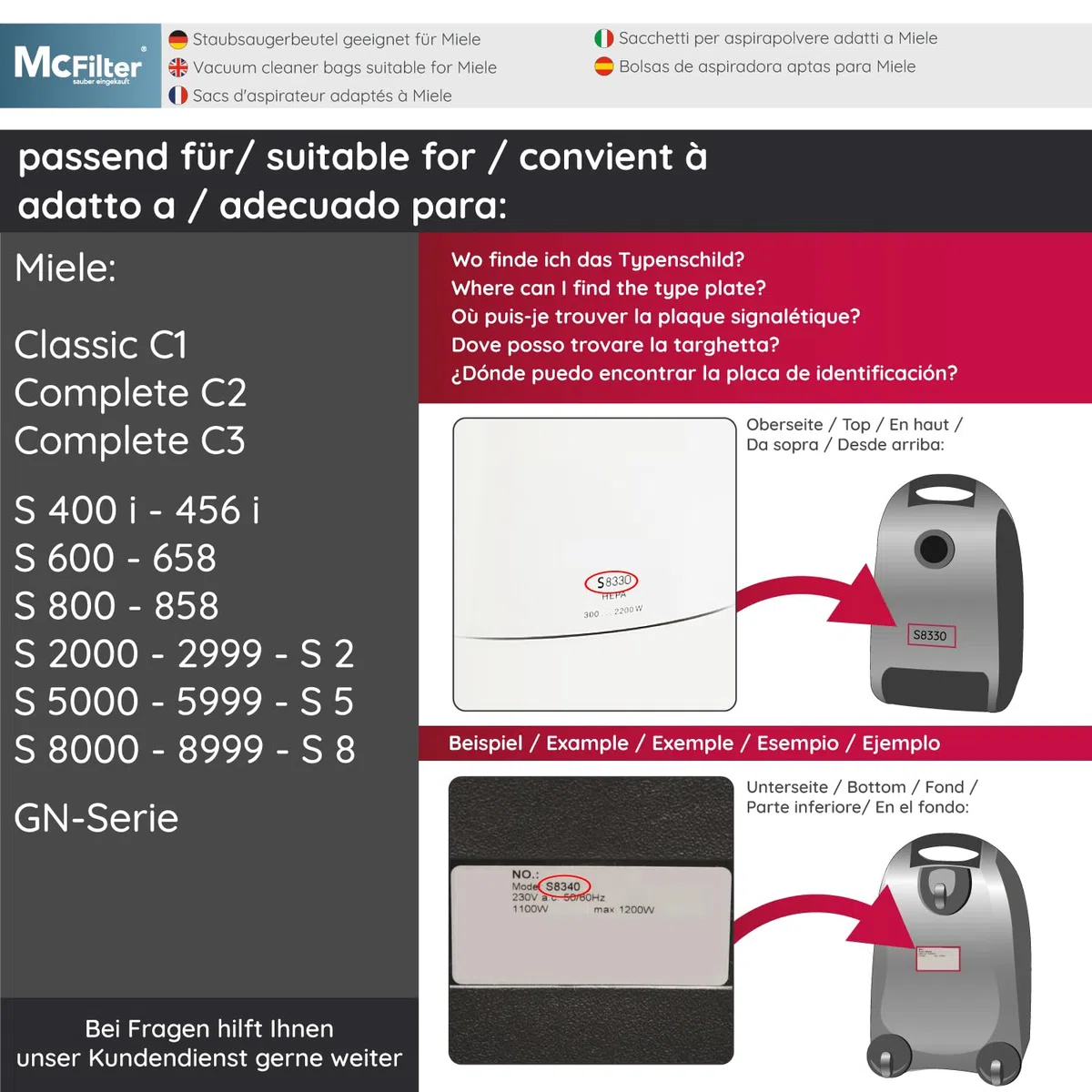 McFilter | 10 bolsas de aspiradora adecuadas para aspiradoras Miele Gn | Complete C3 Cat & Dog PowerLine | como miele 9917730 | con filtros | Bolsas de filtro de vellón | 5 capas