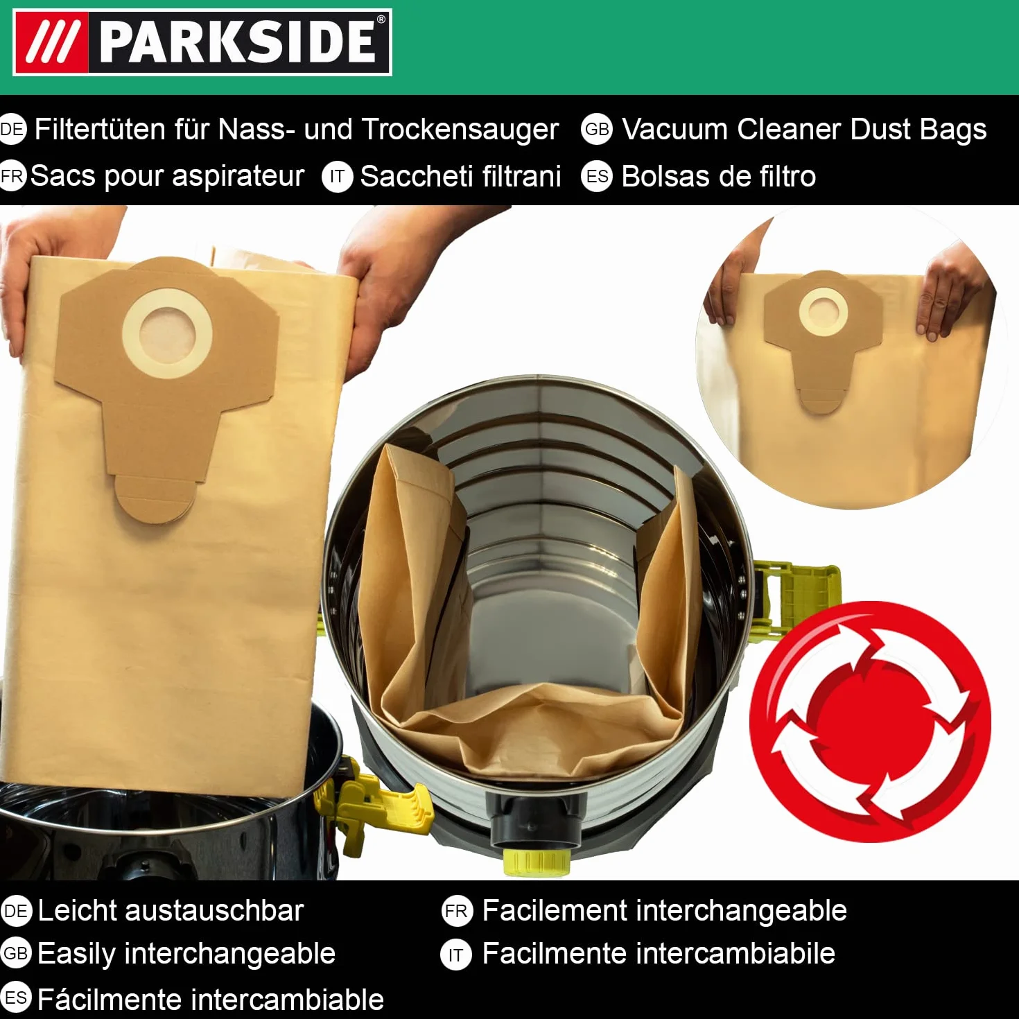 10 bolsas originales Parkside Lidl para aspiradoras en seco y húmedo PWD 25, 30, PNTS 23, 30, 1400, 1500 A1, A2, B1, C1, D1, B2, B3, E2, C4, D5, F2, H4