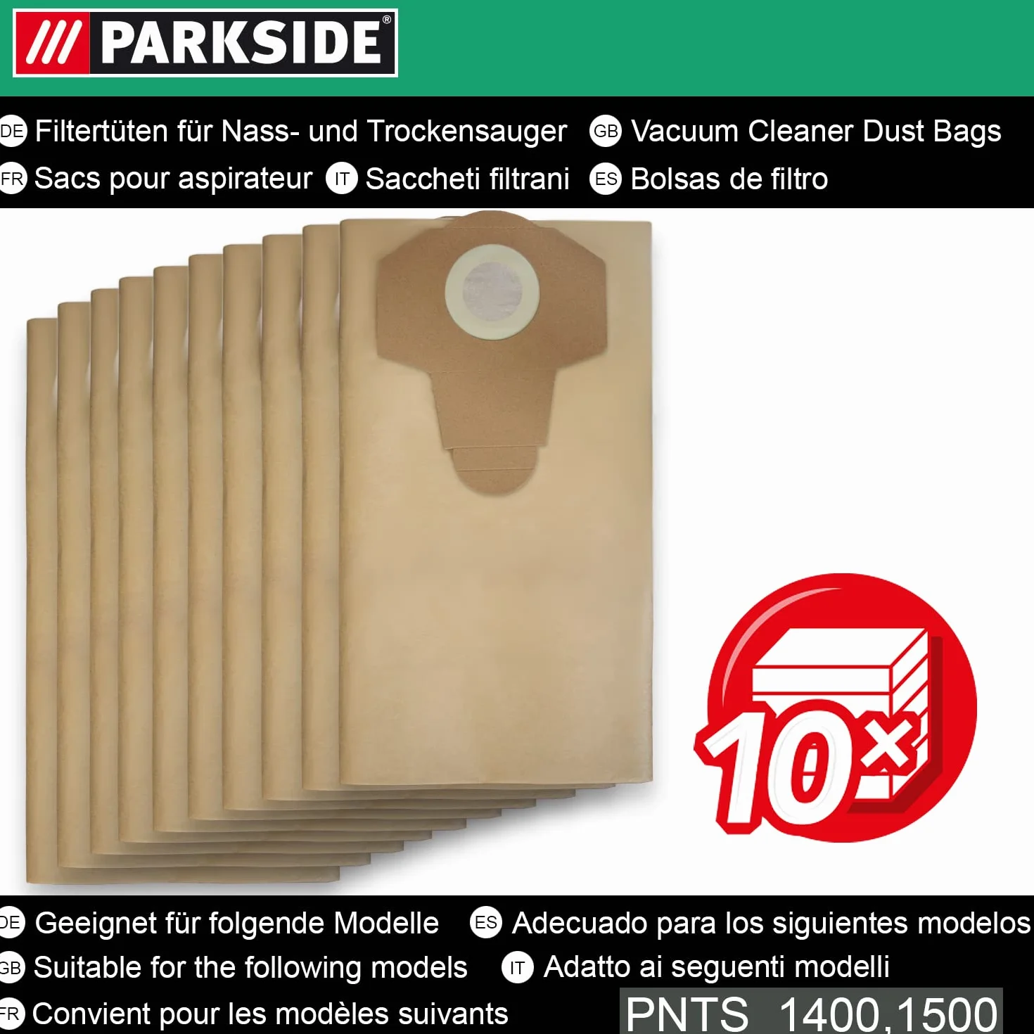 10 bolsas originales Parkside Lidl para aspiradoras en seco y húmedo PWD 25, 30, PNTS 23, 30, 1400, 1500 A1, A2, B1, C1, D1, B2, B3, E2, C4, D5, F2, H4